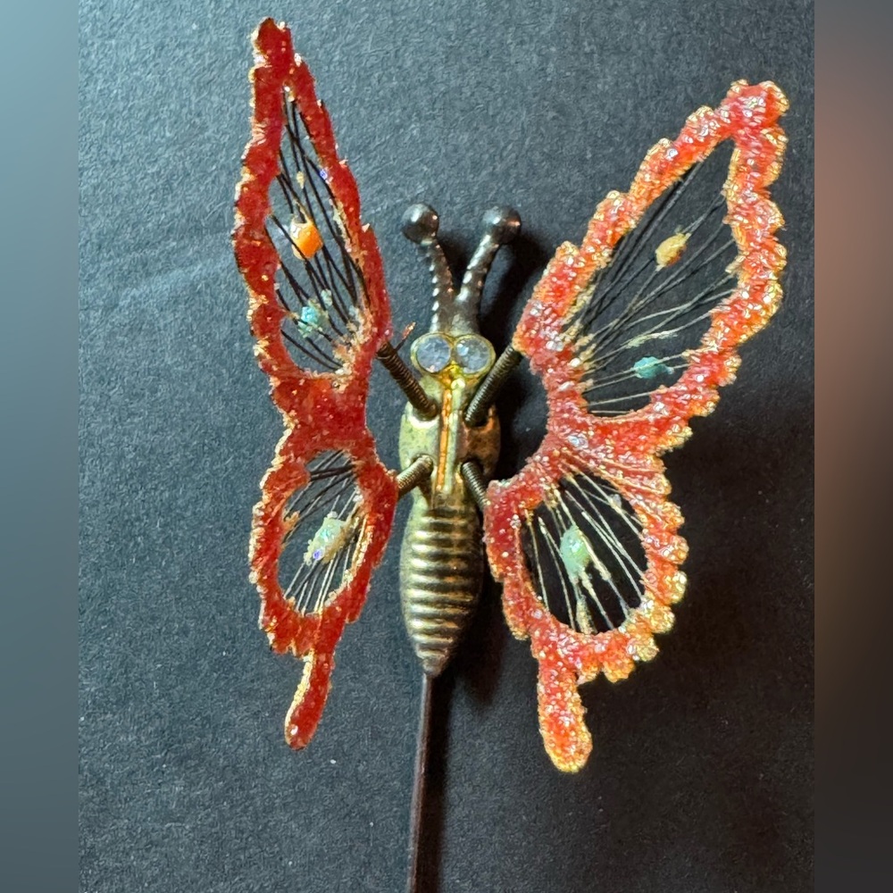 Vintage Large Butterfly Trembler Lapel Stick Pin - Brooch